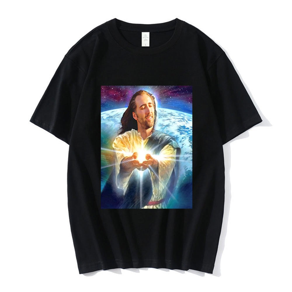 Nicolas Cage Moshi Moshi Jesus Desu T-Shirt Men Funny Meme P