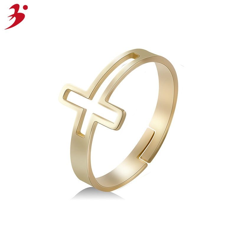 Christian Jesus Cross Rose Gold Open Ring Female Personality Trendy Stainless Steel Index Finger Ring